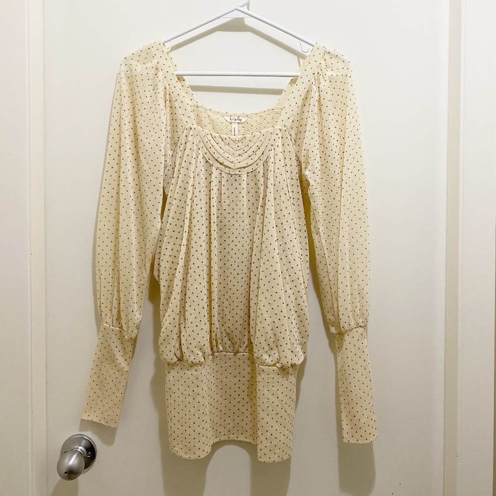 Krafty Beautiful Festive Sparkle Drape Long Sleeve Blouse Bishop Cream Silver S